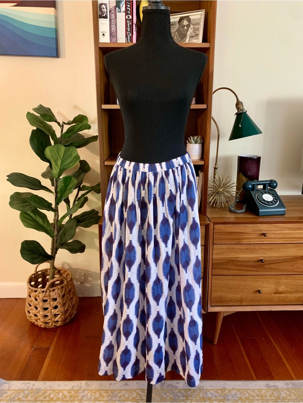 Blue Ikat-Print Maxi Skirt with Elastic Waistband